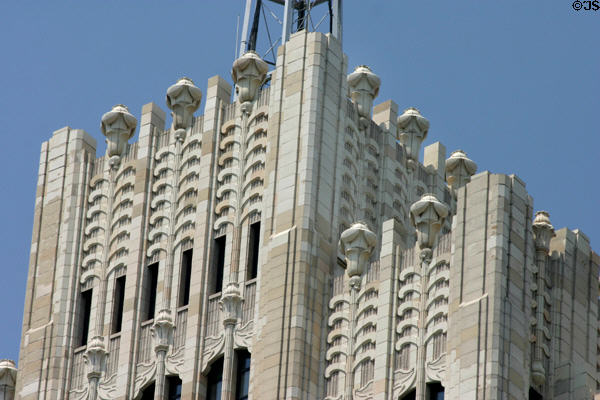Art Deco shapes atop Continental Life Building. St Louis, MO.