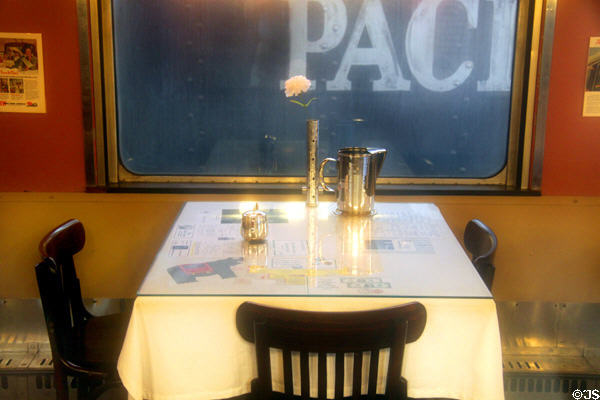 Chicago, Burlington & Quincy #192 "Silver Spoon" streamlined dining car (1938) interior at St. Louis Museum of Transportation. St. Louis, MO.