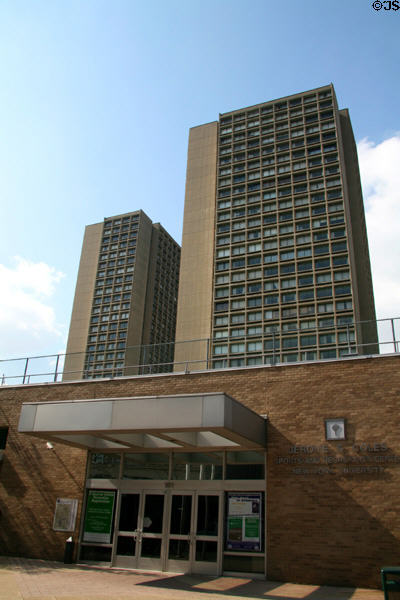 Silver Towers (100 & 110 Bleecker St.) over Coles Sports & Recreation Center (181 Mercer St.). New York, NY.