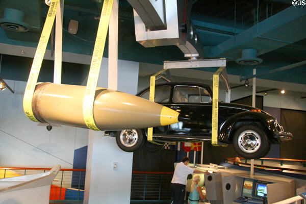 Display shows how Battleship shell weighs as much as Volkswagen car at Nauticus National Maritime Center. Norfolk, VA.