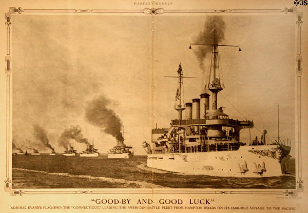 Engraving (1907) of Battleship USS Connecticut leading Great White Fleet from Hampton Roads around the world in Harper's Weekly from Hampton Roads Naval Museum at Nauticus. Norfolk, VA.