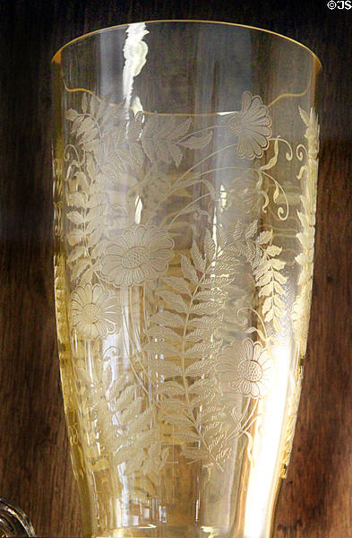Topaz vase with wildflower etch (1929-30) at Fostoria Glass Museum. Moundsville, WV.