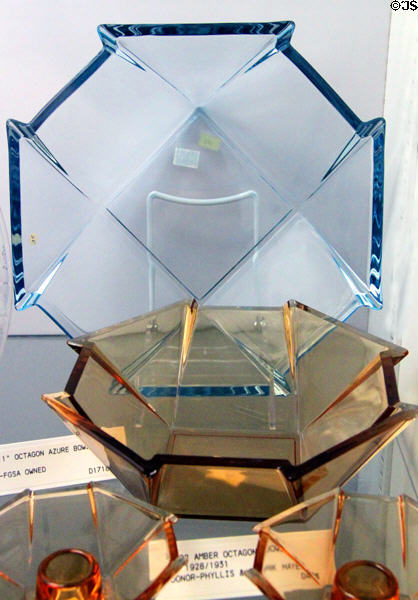 Octagon bowls in azure & amber (1928-31) at Fostoria Glass Museum. Moundsville, WV.