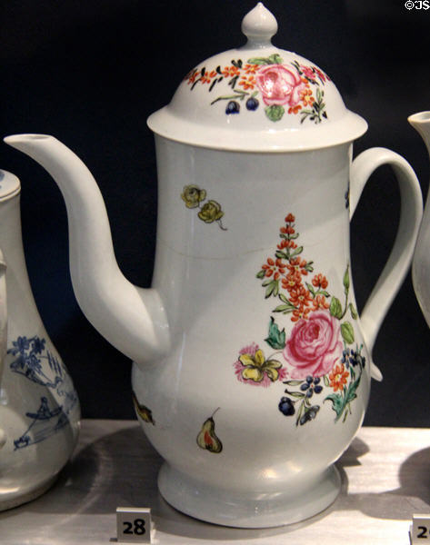 Porcelain coffeepot with multicolored design (1760-5) by Richard Chaffers' factory, Liverpool at Walker Art Gallery. Liverpool, England.