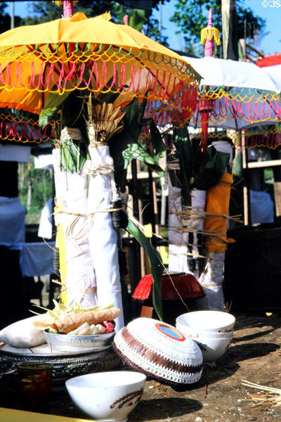 Offerings in a temple. Bali, Indonesia.