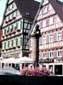 Traditional wood framed buildings with steep tiled roofs in Calw District in Black Forest. Germany.