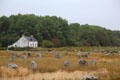 Menhirs with typical country home in background. Carnac, France.