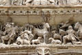 Detail of hunting scene carved over portal of St Hubert's Chapel at Chateau Royal of Amboise. Amboise, France.