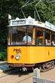 Tram 520 with pantograph to bring power from overhead wires to the vehicle at Arnhem Openlucht Museum. Arnhem, Netherlands