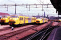 Row of electrified trains in Amsterdam station. Amsterdam, Netherlands.