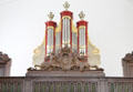 Details of organ & coat of arms on balcony of Royal Chapel. Het Loo, Netherlands.