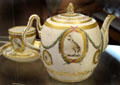 Porcelain teapot, cup & saucer from Chough service , likely commissioned by an unknown family, made at Bristol Porcelain factory, at Bristol Museum & Art Gallery. Bristol, England.