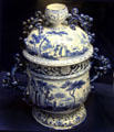 Ceramic posset pot with design resembling delftware, probably made in London, at Bristol Museum & Art Gallery. Bristol, England.