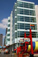 Funhouse Maze entrance & modern buildings on Navy Pier. Chicago, IL.