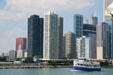 Skyscrapers at mouth of Chicago River from Navy Pier. Chicago, IL.