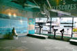 Displays at Nauticus National Maritime Center look out over Battleship Wisconsin. Norfolk, VA.