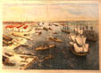 Graphic view of naval sailing ships & Monitor-type gunships of Portsmouth & Norfolk by Harry Ogden in Frank Leslie's Illustrated Newspaper from Hampton Roads Naval Museum at Nauticus. Norfolk, VA.
